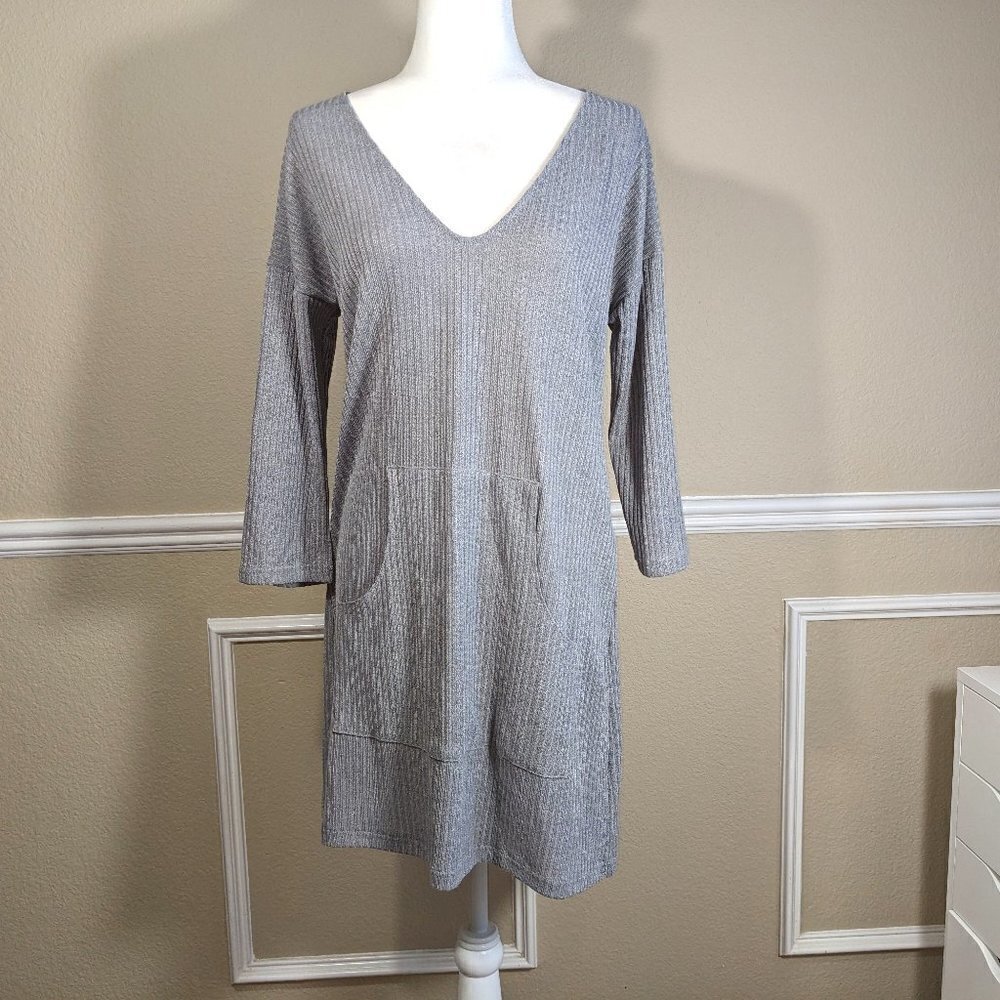 Grey Knit Dress with Front Kangaroo Pocket